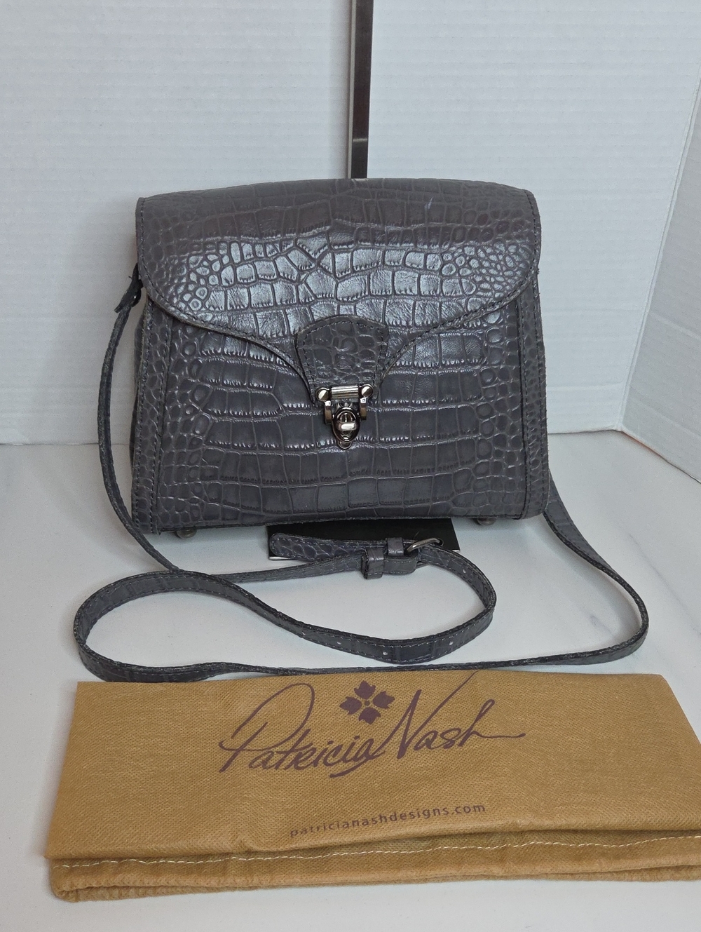 Patricia Nash Gray Croc-Embossed Leather Crossbody with Silver Hardware